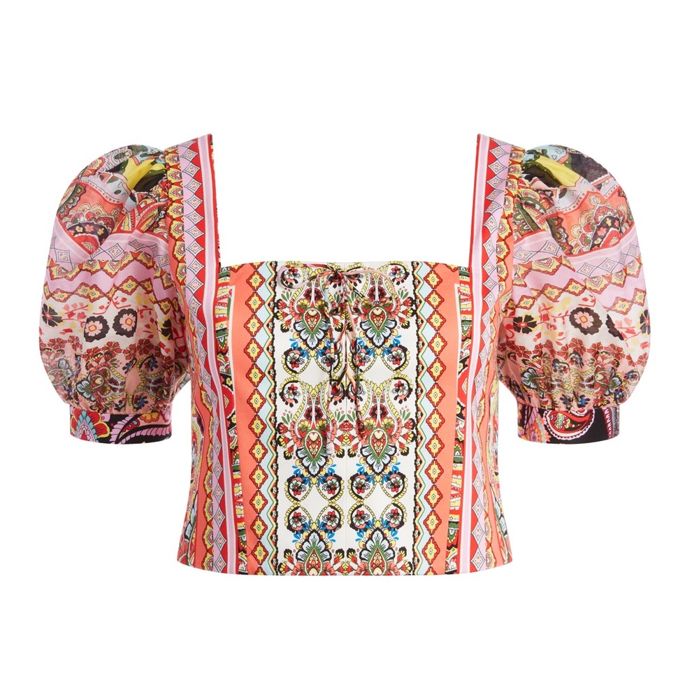 Alice + Olivia Margarite Puff Sleeve Crop Top in Euphoria Multi